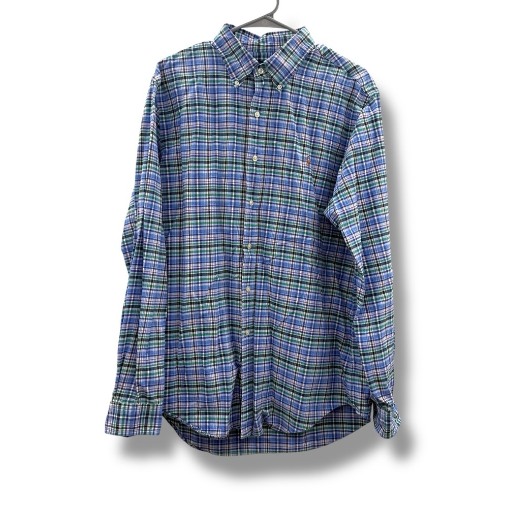 Ralph Lauren Plaid Button Down Shirt Men’s Sz Large Blue Green White Long Sleeve